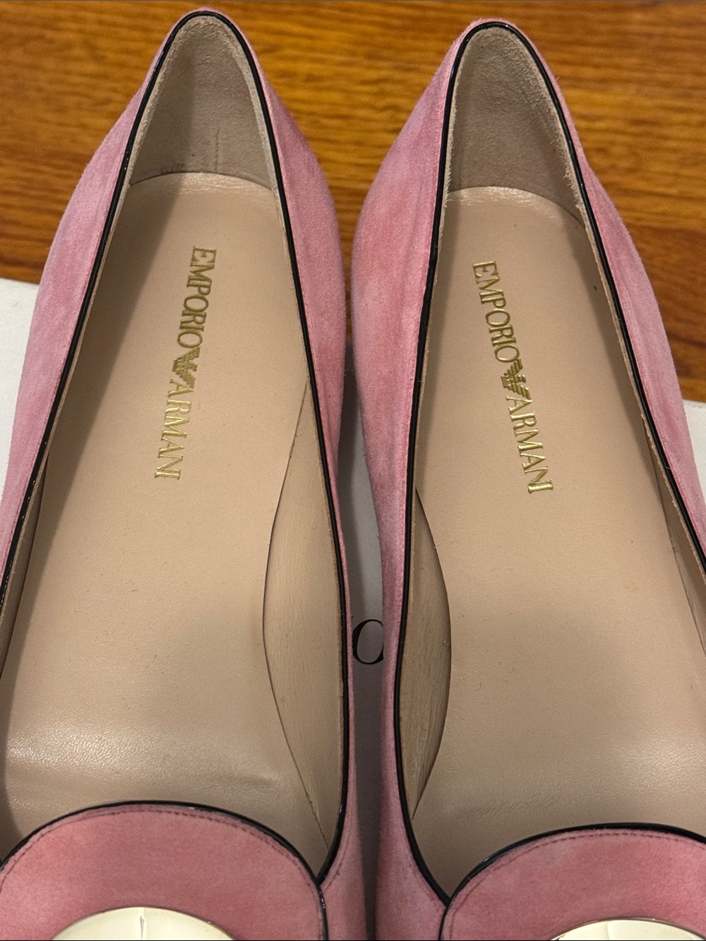 Emporio Armani Pink Suede Loafers with Black Trim & Silver Buckle - Picture 7 of 12
